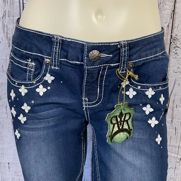 🎀HP🎀 Request Jeans Skinny Distressed Faded Jeans White Flowers & Stitching 9 - Picture 2 of 10